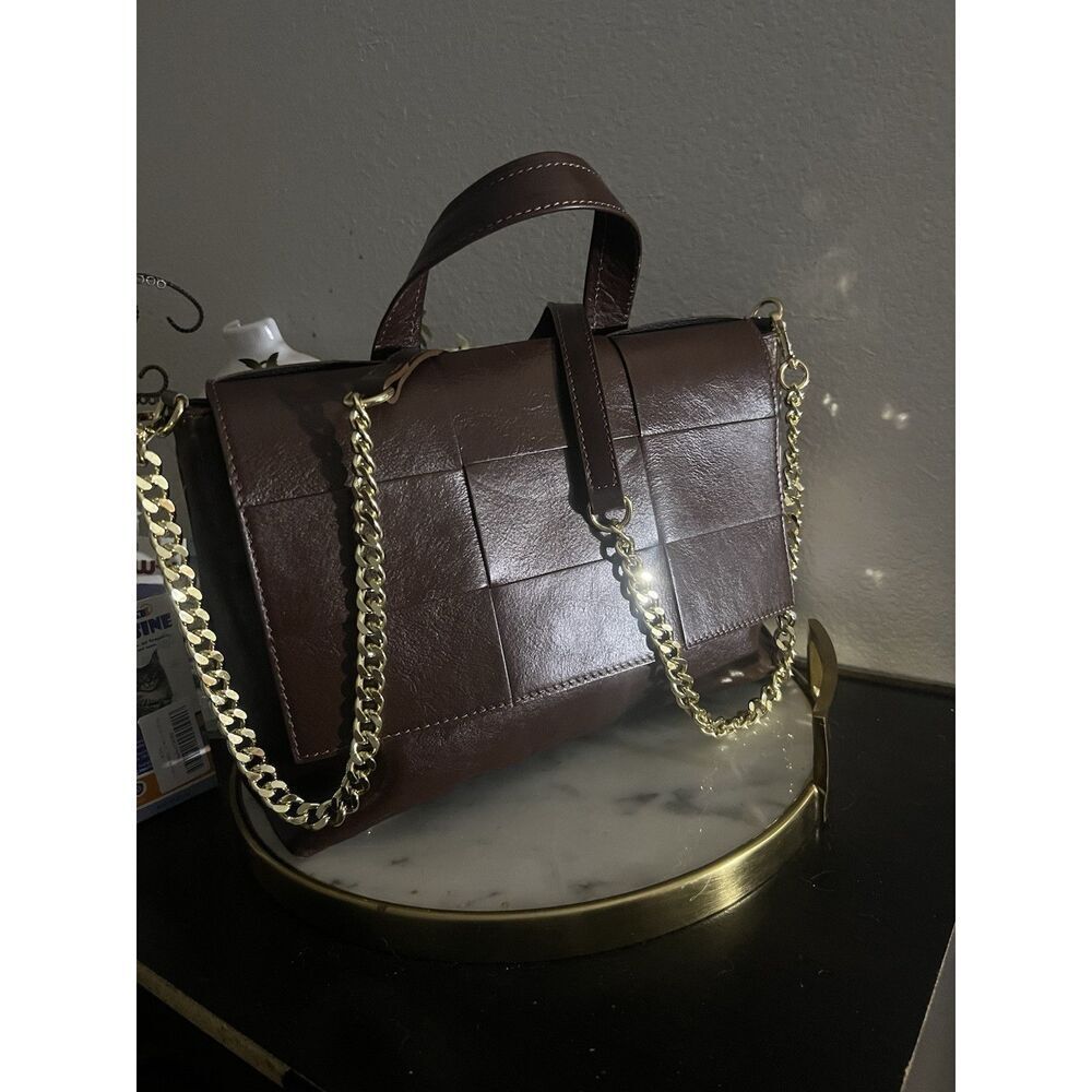 Anna Paola Dorinda Leather Satchel Bag Crossbody Brown Woven Gold Chain NWT
